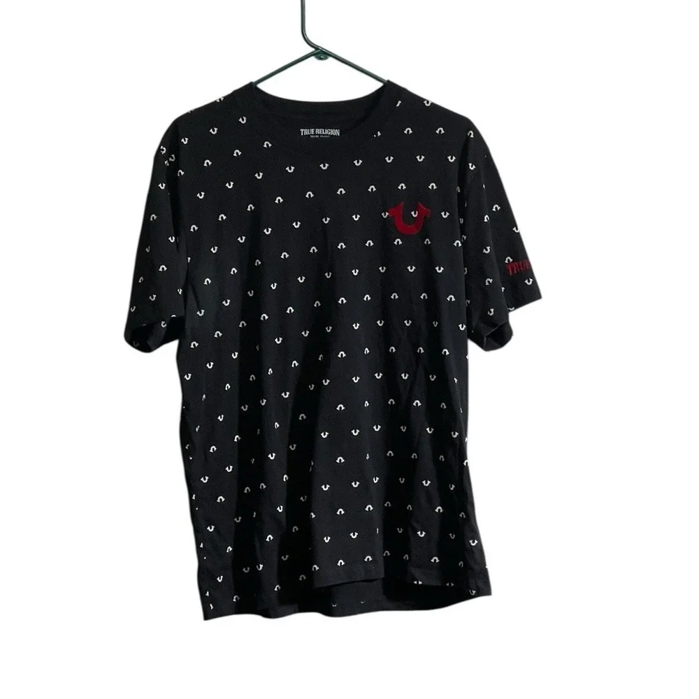 True Religion T-Shirt Men XL Black Horseshoe Logo All Over Print